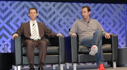 Anthony Levandowski (at right, with Sean Waters, director of compliance and regulatory affairs for Daimler Trucks North America) during a panel presentation at the American Trucking Associations (ATA) annual convention last year. (Photo by Sean Kilcarr/Fleet Owner)