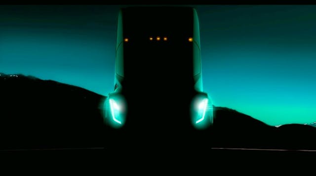 Tesla founder Elon Musk shared this &apos;ghostly&apos; sneak peek of his company&apos;s Class 8 all-electric tractor on Twitter and during a TED talk in British Columbia.