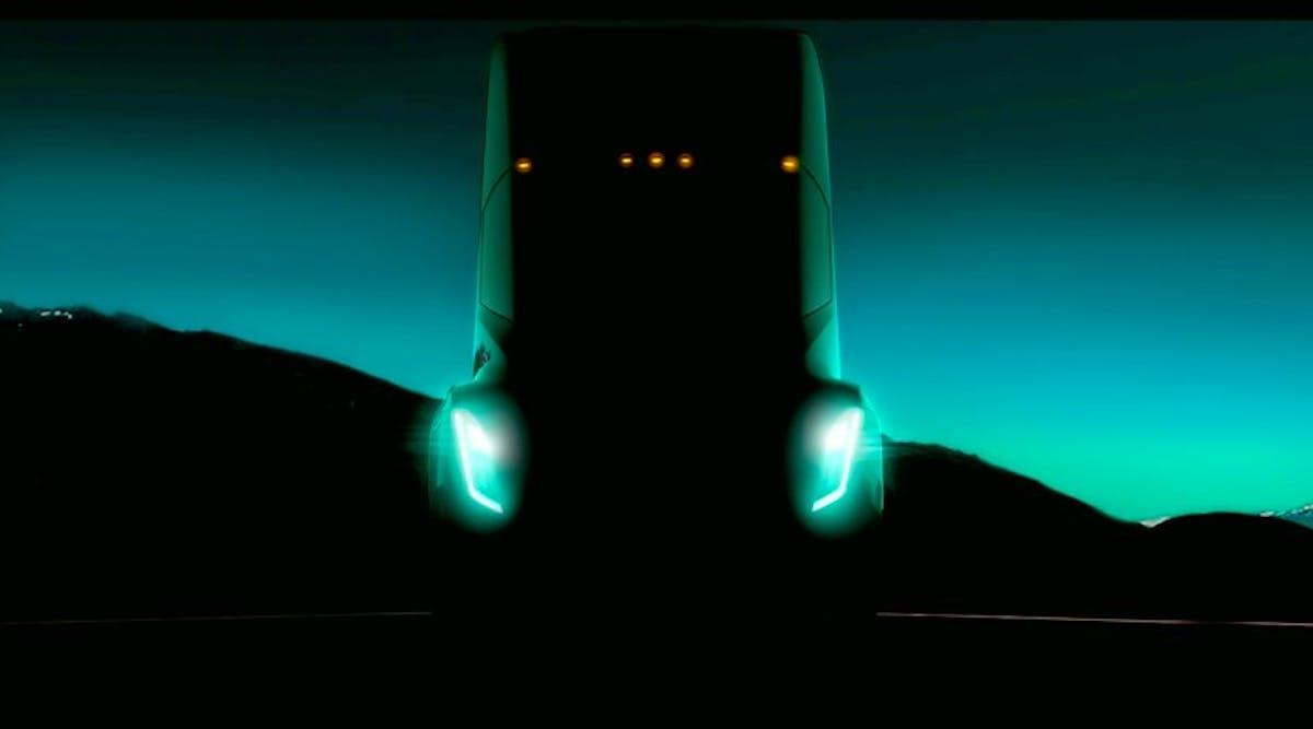 Tesla founder Elon Musk shared this &apos;ghostly&apos; sneak peek of his company&apos;s Class 8 all-electric tractor on Twitter and during a TED talk in British Columbia.