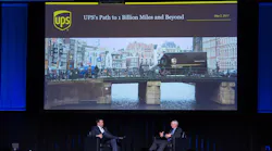 UPSrsquos Mike Castell at right talks about the prospects of natural gas in trucking with Erik Neandross at left CEO of Gladstein Neandross amp Associates