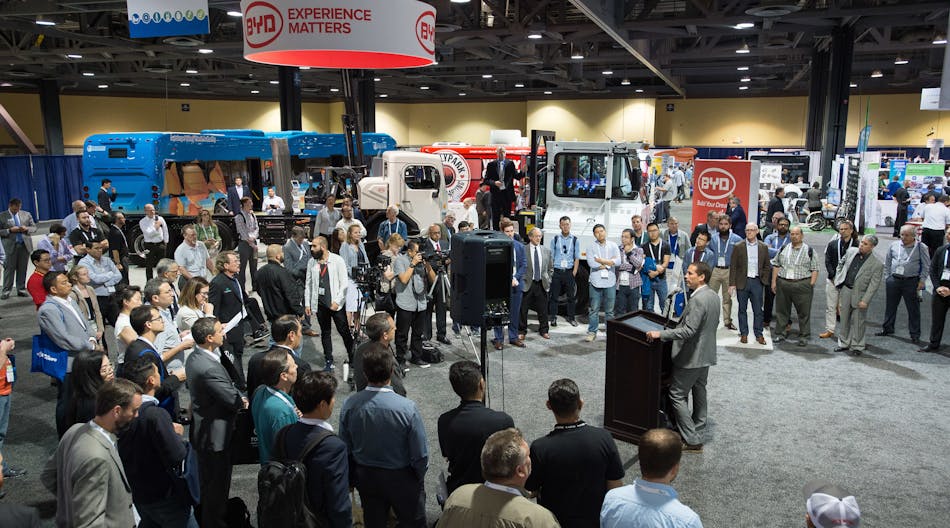 A release from CARB said CCI-backed demonstration projects are putting electricity and hydrogen vehicles side-by-side with existing diesel models to more clearly determine their benefits and capabilities in real-world situations. Among the companies joining CARB for the announcement was BYD. (Photo: ACT Expo)