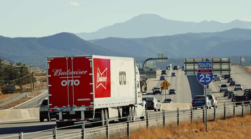 Otto&rsquo;s autonomous truck during its 120-mile beer delivery in Colorado in October. (Photo: Uber)