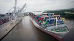 The OOCL France, one of the largest ships to pass through the Panama Canal, arrives at Georgia&apos;s Port of Savannah on June 1. (Photo: Georgia Ports Authority)