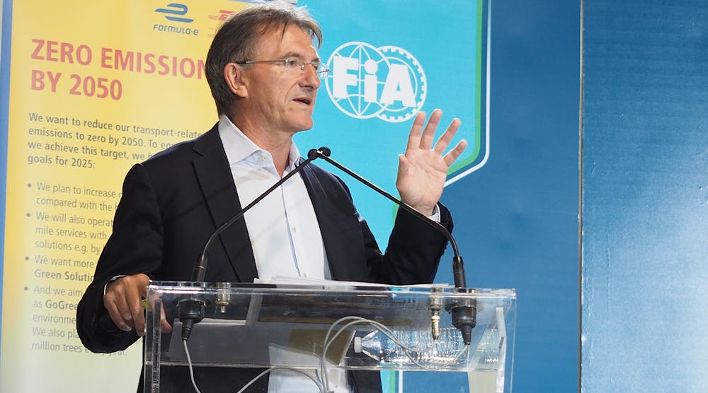 DHL Express CEO Ken Allen speaks at a press briefing prior to the Formula E Qualcomm ePrix race this weekend. (Aaron Marsh/ Fleet Owner)
