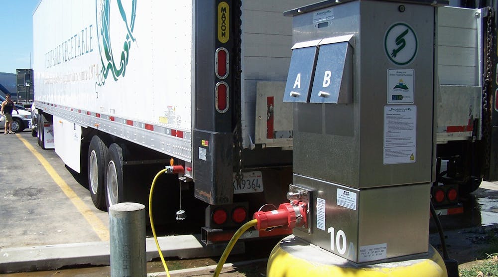 As part of Duke Energy&apos;s electrification project, trucks at the Merchants Distributors, LLC distribution center in Hickory, NC will be able to plug their refrigeration units into three dozen power outlets installed by Shorepower Technologies.