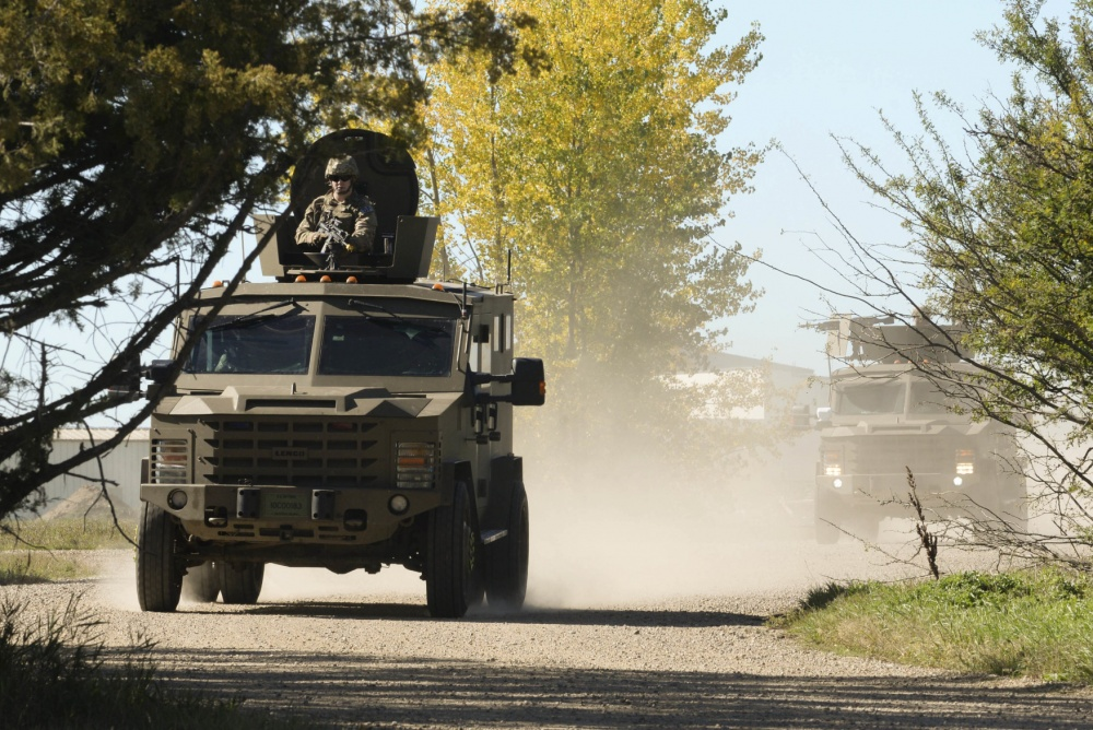 Staff Sgt Jonathan Spencer with the 791st Missile Security Forces Squadron rides in the turret of a BEARCAT during training at Minot Air Force Base in North Dakota US Air Force photo by Airman 1st Class Jessica Weissman
