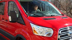 Fleet Owner Editor-in-Chief Jim Mele gets behind the wheel of our loaner 2016 Ford Transit 150 van. (Aaron Marsh/Fleet Owner)