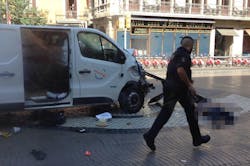 The white van seen here reportedly mowed down pedestrians in central Barcelona killing 14 people Photo via Twitter The white van seen here reportedly mowed down pedestrians in central Barcelona killing 14 people Photo via Twitter