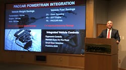 Kyle Quinn, general manger of Peterbilt Motors Co., discusses the PACCAR integrated powertrain. (Photo: Neil Abt)