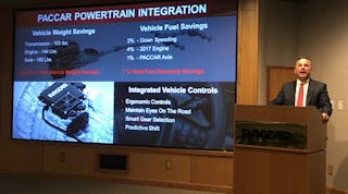 Kyle Quinn, general manger of Peterbilt Motors Co., discusses the PACCAR integrated powertrain. (Photo: Neil Abt)