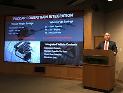Kyle Quinn general manger of Peterbilt Motors Co discusses the PACCAR integrated powertrain Photo Neil Abt Kyle Quinn general manger of Peterbilt Motors Co discusses the PACCAR integrated powertrain Photo Neil Abt