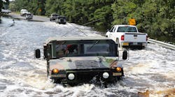 Flood conditions can continue well after the initial rain has fallen as water seeps off in rivers and streams and can overflow roadways. Texas Army National Guard soldiers are shown here conducting reconnaissance missions in Port Arthur, TX on Labor Day. (U.S. Army photo by Staff Sgt. Melisa Washington)