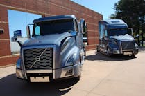 Pre-production versions of the Volvo VNL 740 (right) mid-roof sleeper tractor and VNL 760 high-roof sleeper model. (Photo: Sean Kilcarr/Fleet Owner)