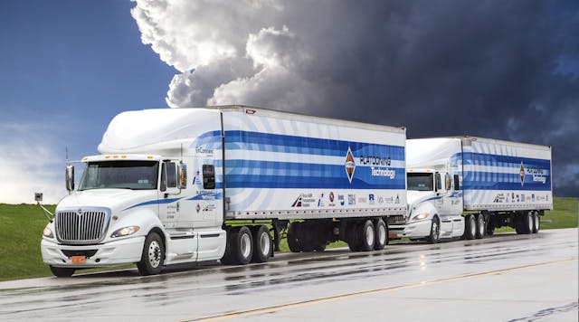Navistar&rsquo;s Troy Clarke told senators an autonomous vehicle could be with mixed vehicles, while the driver sitting in his or her seat is managing the controls and monitoring several platooning trucks. (Photo: Navistar)