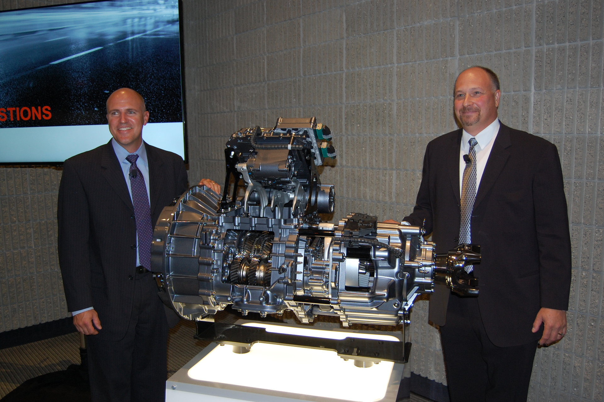 Eaton Cummins GM Scott Davis left and CTO Gerard DeVito unveiling the 12speed Endurant AMT Photo Sean KilcarrFleet Owner