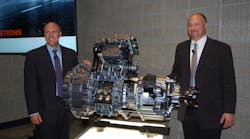 Eaton Cummins GM Scott Davis (left) and CTO Gerard DeVito unveiling the 12-speed Endurant AMT. (Photo: Sean Kilcarr/Fleet Owner)