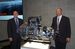 Eaton Cummins GM Scott Davis left and CTO Gerard DeVito unveiling the 12speed Endurant AMT Photo Sean KilcarrFleet Owner Eaton Cummins GM Scott Davis left and CTO Gerard DeVito unveiling the 12speed Endurant AMT Photo Sean KilcarrFleet Owner