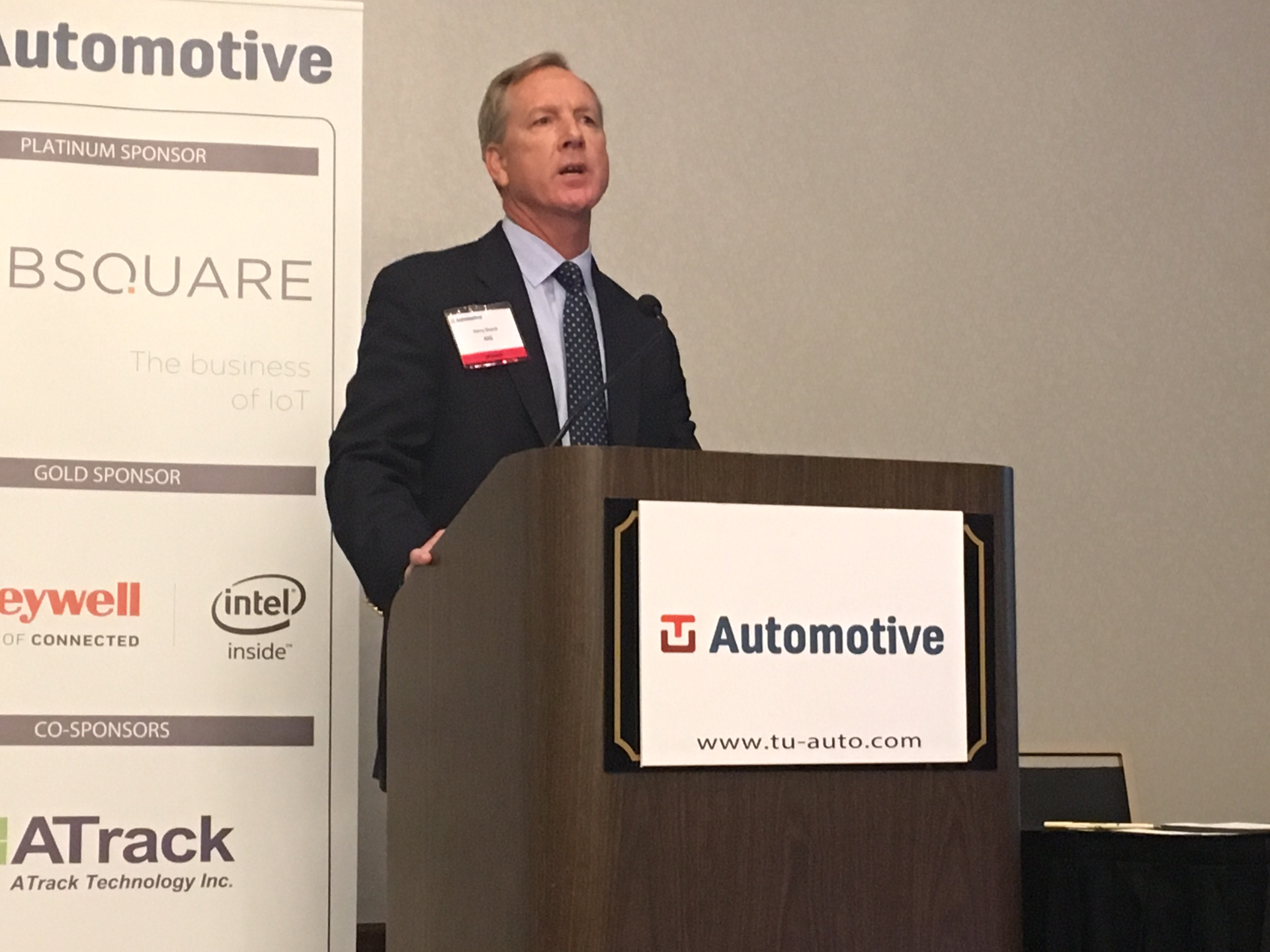 Harry Storck global fleet technical specialist at AIG addresses attendees at TUAutomotiversquos Connected Fleets conference in Atlanta this week Photo Cristina Commendatore Fleet Owner