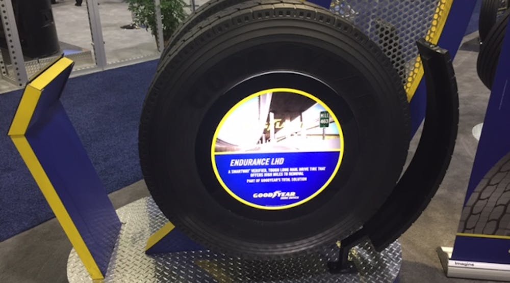 Goodyear&apos;s new Endurance LHD model. The complete line of Endurance tires, which will number six models in all, will be available by January 2018. (Photo: Sean Kilcarr/Fleet Owner)