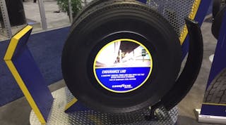 Goodyear&apos;s new Endurance LHD model. The complete line of Endurance tires, which will number six models in all, will be available by January 2018. (Photo: Sean Kilcarr/Fleet Owner)