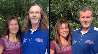 Before and after: Steelman Transporatin COO Brett Sheets donated his hair to the Locks of Love Foundation for the second time last month. He posed with his wife before and after making the donation. (Photos: Steelman Transportation)