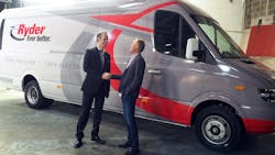 Chanje CEO Bryan Hansel, right, hands over the keys to one of Ryder's first 125 Chanje V8070 panel vans to Ryder's Chris Nordh. Chanje CEO Bryan Hansel, right, hands over the keys to one of Ryder's first 125 Chanje V8070 panel vans to Ryder's Chris Nordh.
