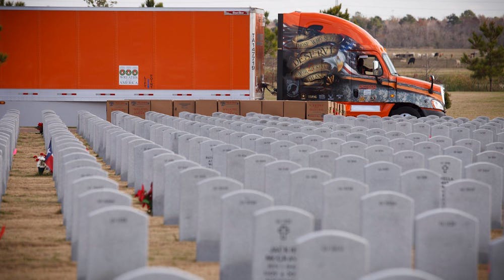 A Schneider tractor-trailer serving in support of Wreaths Across America.