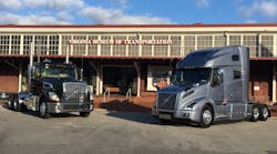The Volvo VT 800 daycab (left) and new VNL 760 outside the Virginia Museum of Transportation. (Photo: Volvo)