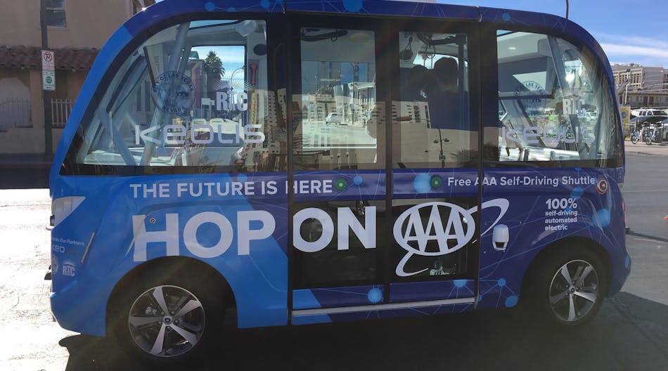The driverless shuttle has been operating along a small route in downtown Las Vegas since November. (Photo: Neil Abt/Fleet Owner)