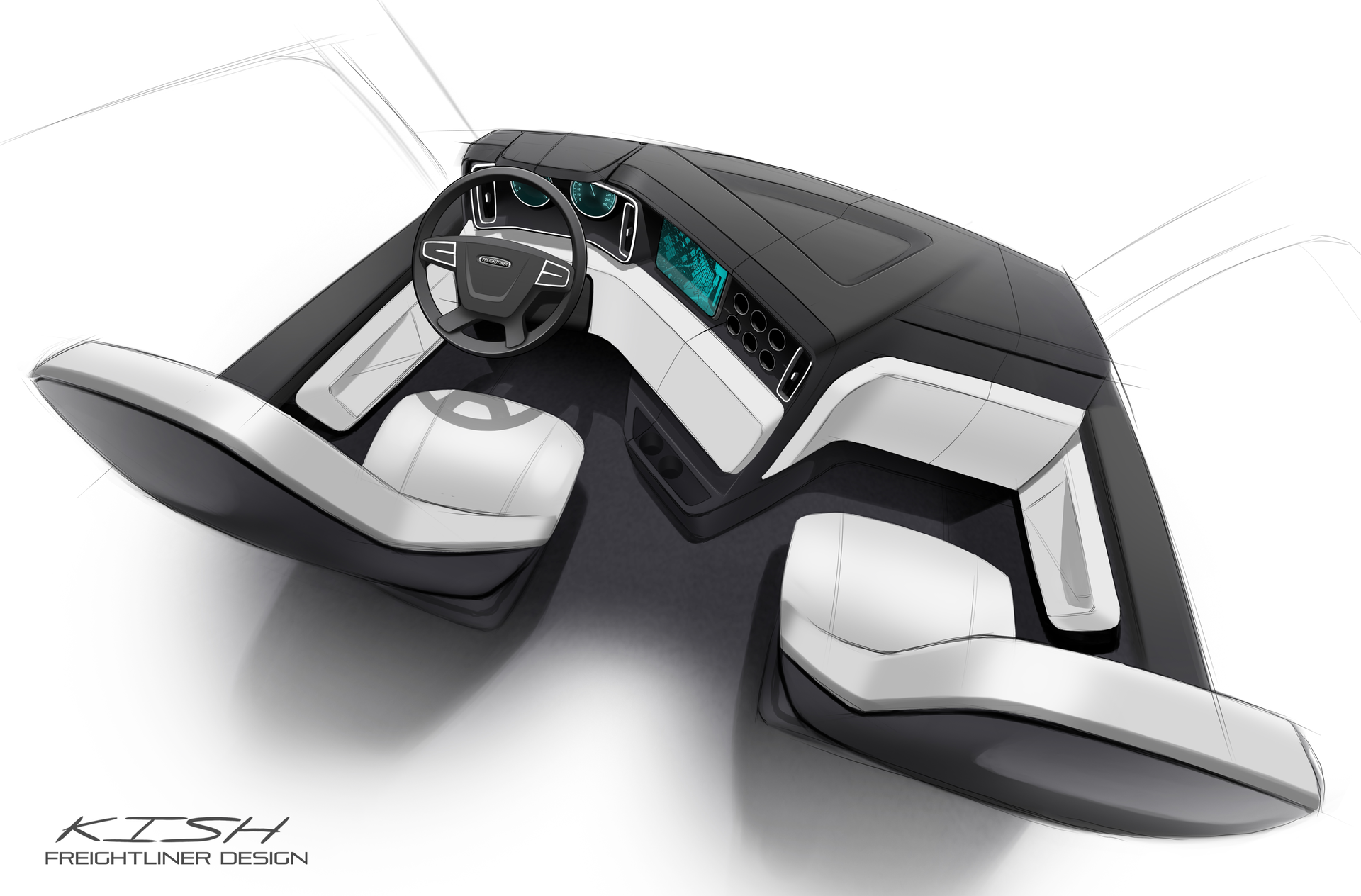 Design sketch of new Freightliner Cascadia dash area.