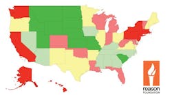 The Reason Foundation ranks each state&rsquo;s highway infrastructure from best to worst: Dark green states are ranked 1 to 10, light green 11 to 20, yellow 21 to 30, light red 31 to 40, dark red 41 to 50.