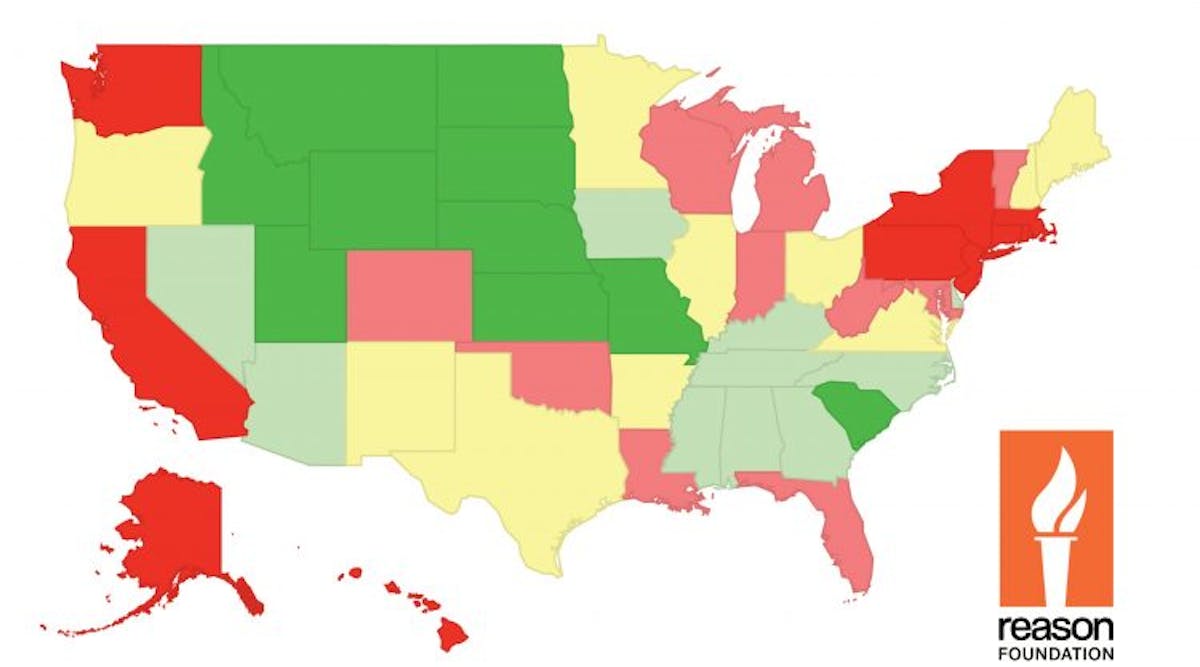The Reason Foundation ranks each state&rsquo;s highway infrastructure from best to worst: Dark green states are ranked 1 to 10, light green 11 to 20, yellow 21 to 30, light red 31 to 40, dark red 41 to 50.