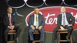 Peterbilt&apos;s Kyle Quinn (right), Robert Woodall (center) and Scott Newhouse discuss market conditions and the outlook for 2018 at a press event Thursday in Scottsdale, AZ.