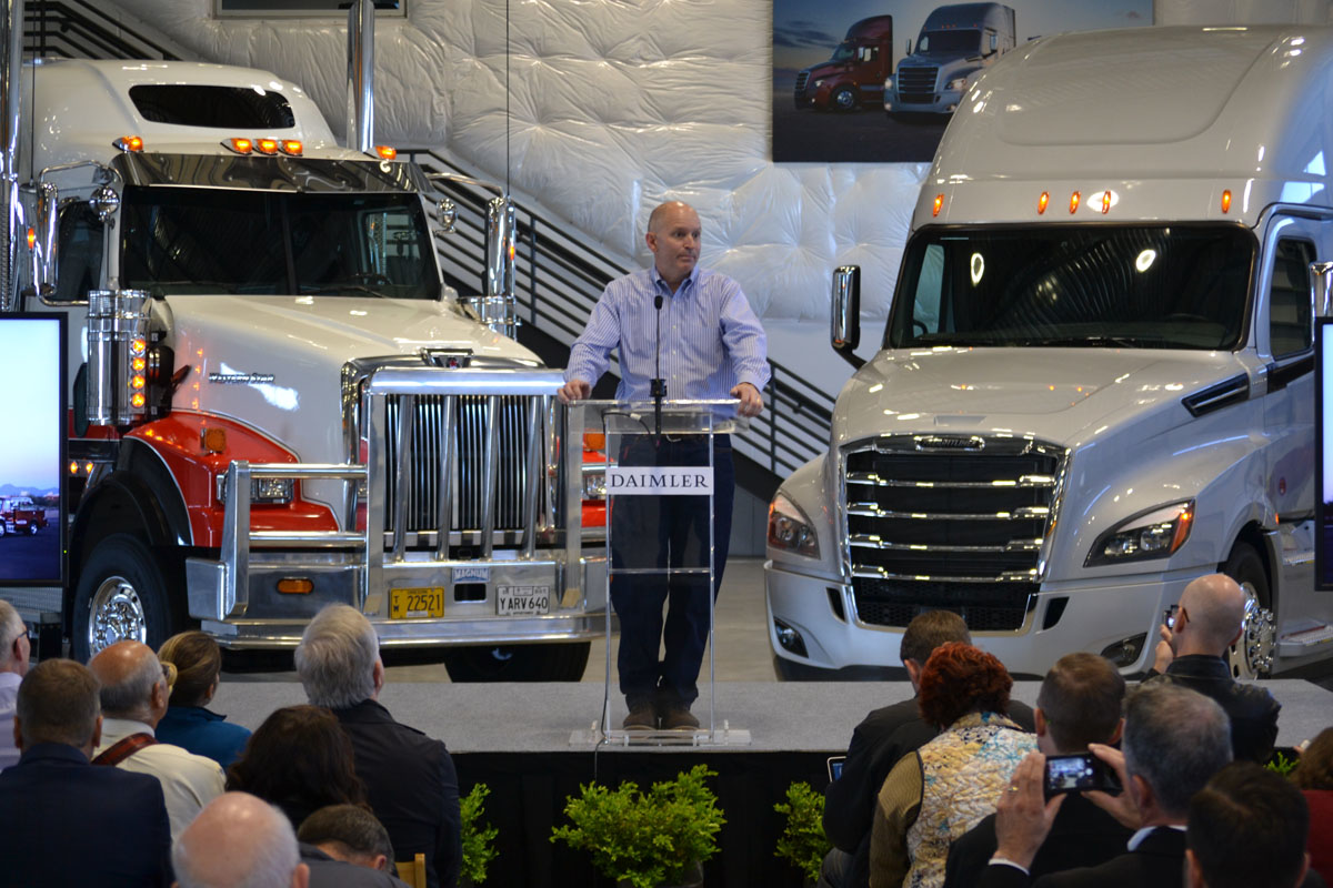 DTNA president and CEO Roger Nielsen speaks at the opening of the company's test track in Madras OR.