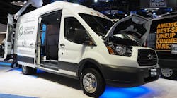 Lightning Systems displayed a LightningElectric all-electric Ford Transit 350 van with 50-mi. range at the 2018 Work Truck Show.