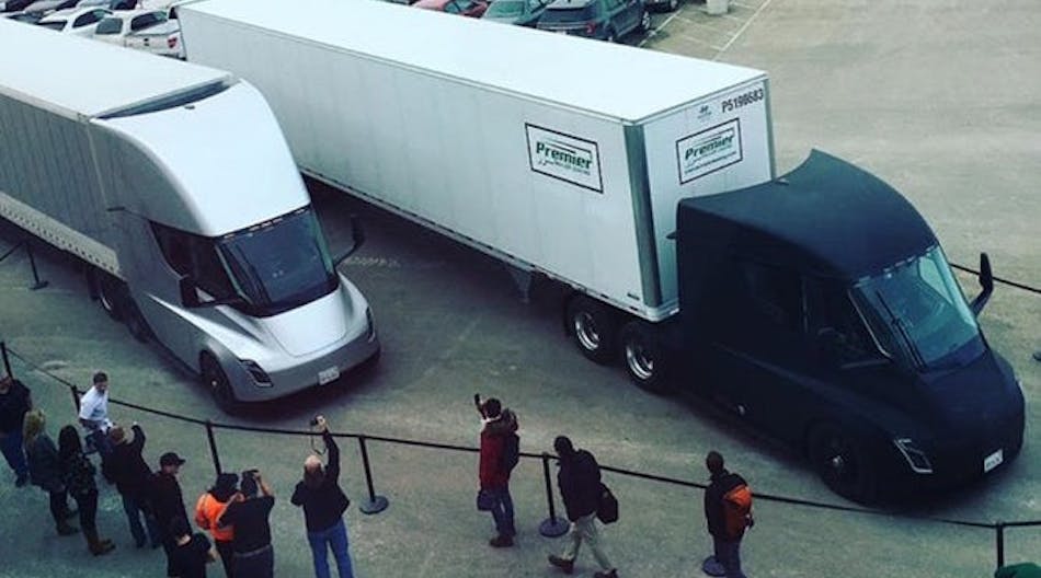 Elon Musk posted this picture of the Semi electric trucks making their initial cargo runs. (Photo: Tesla)