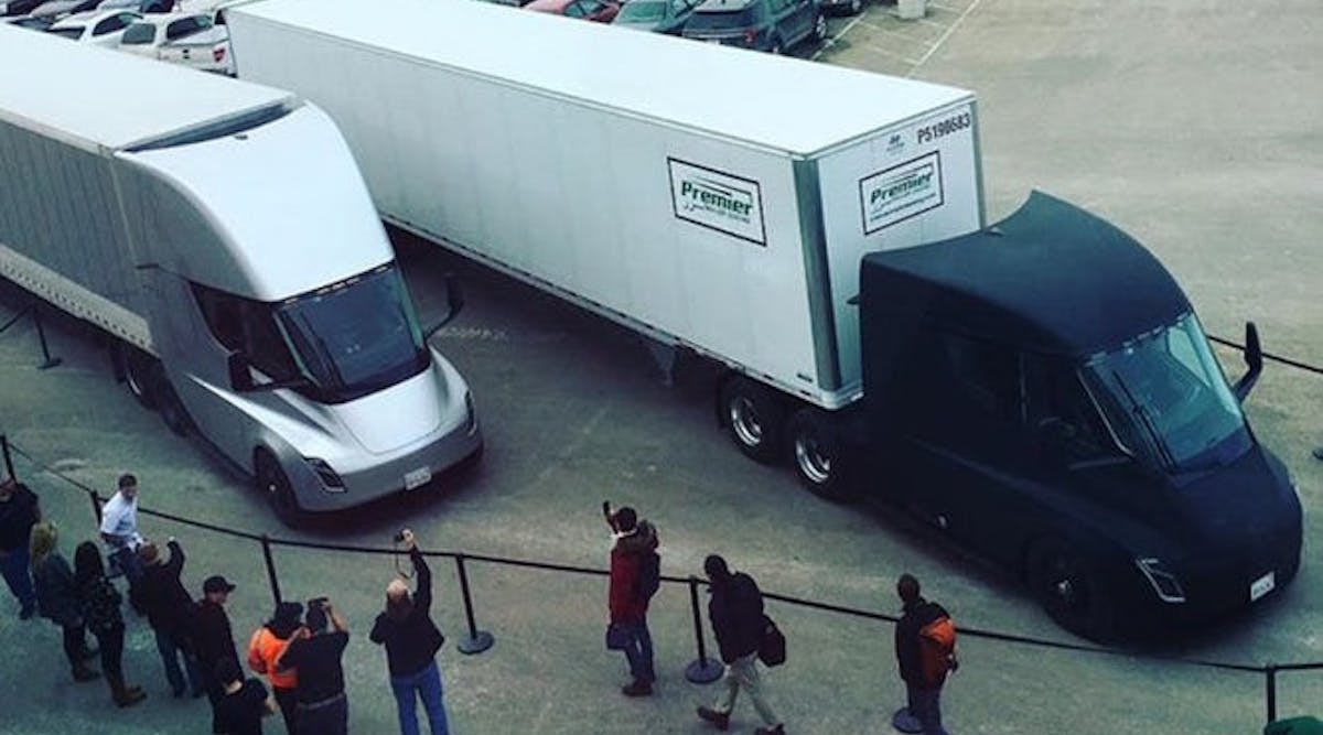 Elon Musk posted this picture of the Semi electric trucks making their initial cargo runs. (Photo: Tesla)