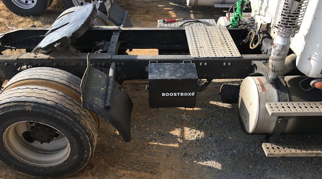 The BoostBox H2, seen here installed on a tractor frame, adds hydrogen on demand to diesel engines and is designed to increase fuel efficiency while lowering maintenance costs and emissions.
