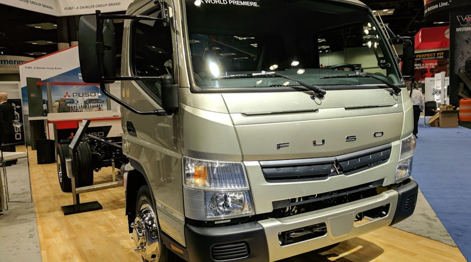 Mitsubishi Fuso FE160 gasoline version, on display at the 2018 Work Truck Show at the Indiana Convention Center, will be available later this year.