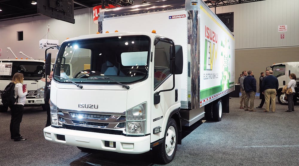 On display at the 2018 Work Truck Show, Isuzu&apos;s all-electric NPR-HD cab-over truck will be tested and evaluated under a range of conditions.