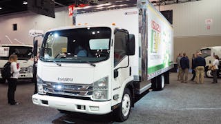On display at the 2018 Work Truck Show, Isuzu&apos;s all-electric NPR-HD cab-over truck will be tested and evaluated under a range of conditions.