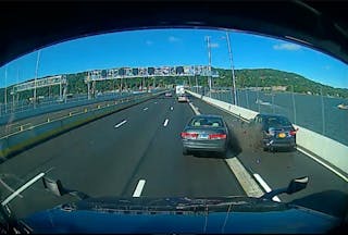 A still from a video captured by the SmartDrive event recorder depicts a collision that ended up exonerating a Pottle&apos;s Transportation driver.