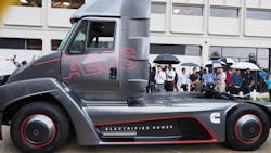 Cummins unveiled its fully electric Class 7 tractor that is intended for vocational applications such as urban delivery port drayage and terminal handling Photos Aaron Marsh Fleet Owner Cummins unveiled its fully electric Class 7 tractor that is intended for vocational applications such as urban delivery port drayage and terminal handling Photos Aaron Marsh Fleet Owner