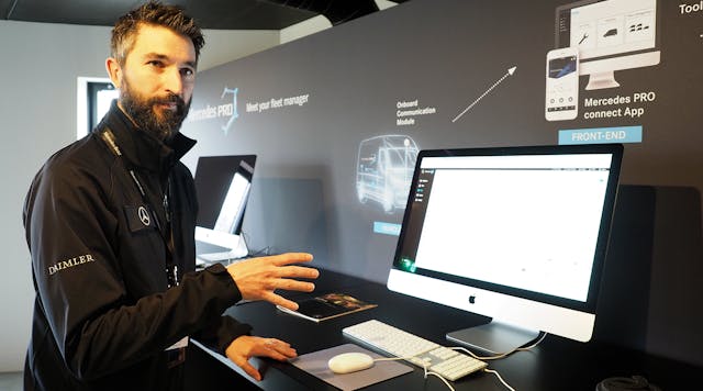 Mercedes-Benz product manager Dennis Kowa demonstrates the fleet functionality of Mercedes PRO connect.
