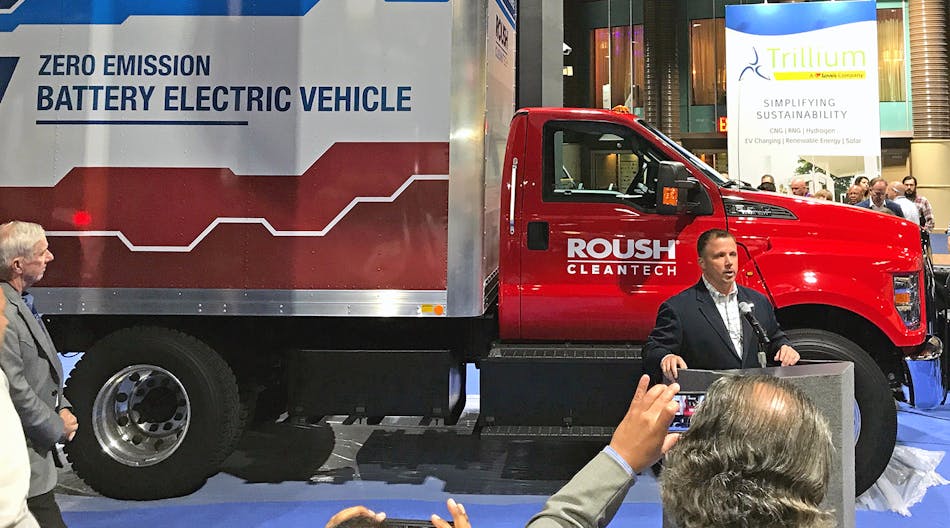 A view of Roush&apos;s new electric Ford F-650 offering shown at ACT Expo.