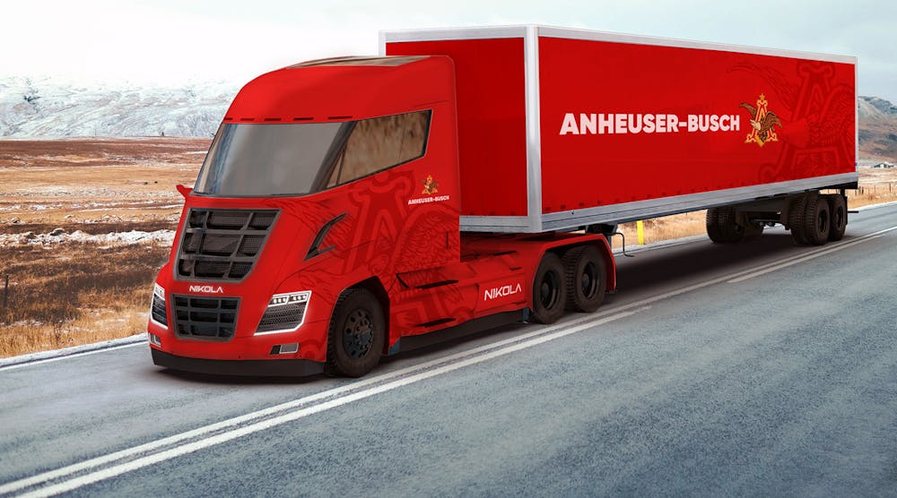 Image released of the planned Anheuser-Busch Nikola hydrogen fuel cell-powered electric Class 8 truck. The beer-brewing giant has placed an order for &apos;up to 800&apos; of them.