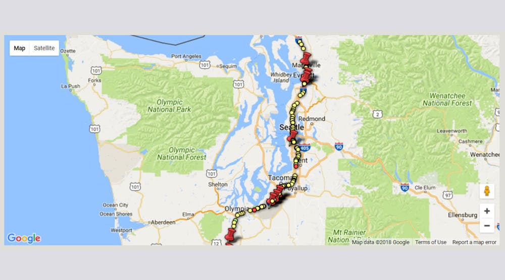 Screen shot of Davis Law Group&apos;s interactive map tracking the most dangerous counties for heavy truck crashes along Interstate 5 in Washington state.