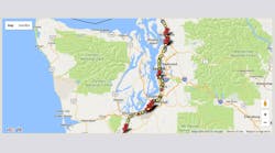 Screen shot of Davis Law Group&apos;s interactive map tracking the most dangerous counties for heavy truck crashes along Interstate 5 in Washington state.
