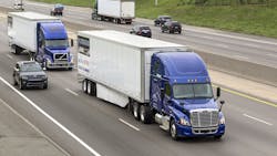 Peloton Technology says its truck platooning system has been shown to deliver fuel efficiency gains of 45 for the lead truck and 10 for the following truck The driver in the following truck steers while the system is engaged giving a feel similar to adaptive cruise control according to the company Peloton Technology says its truck platooning system has been shown to deliver fuel efficiency gains of 45 for the lead truck and 10 for the following truck The driver in the following truck steers while the system is engaged giving a feel similar to adaptive cruise control according to the company