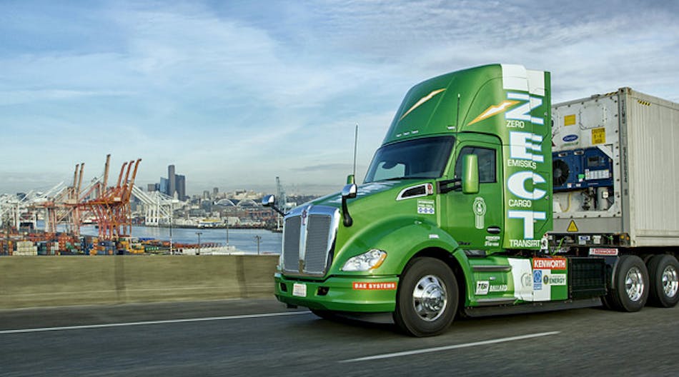 This zero-emission Kenworth T680 day cab equipped with a hydrogen fuel cell, shown at the Port of Seattle.